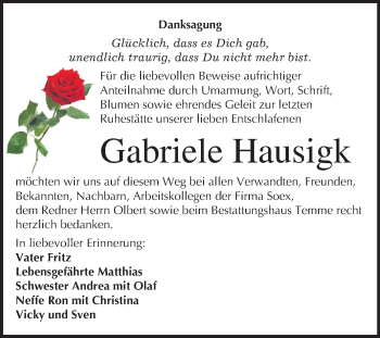 Traueranzeige von Gabriele Hausigk von Mitteldeutsche Zeitung Bitterfeld