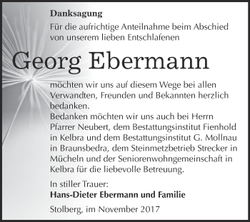 Traueranzeige von Georg Ebermann von WVG - Wochenspiegel Merseburg