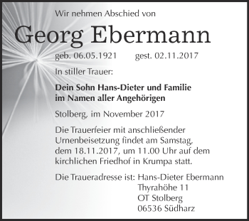 Traueranzeige von Georg Ebermann von WVG - Wochenspiegel Merseburg