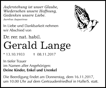 Traueranzeige von Gerald Lange von Mitteldeutsche Zeitung Halle/Saalkreis