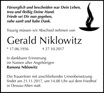 Traueranzeige von Gerald Niklowitz von Mitteldeutsche Zeitung Dessau-Roßlau