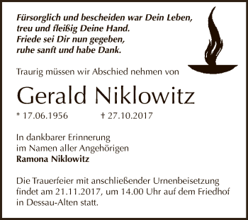 Traueranzeige von Gerald Niklowitz von WVG - Wochenspiegel Dessau / Köthen