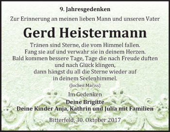 Traueranzeige von Gerd Heistermann von Mitteldeutsche Zeitung Bitterfeld