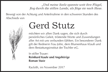 Traueranzeige von Gerd Stutz von WVG - Wochenspiegel Wittenberg