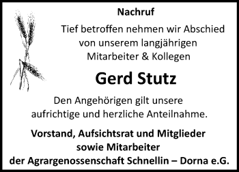 Traueranzeige von Gerd Stutz von Super Sonntag Wittenberg