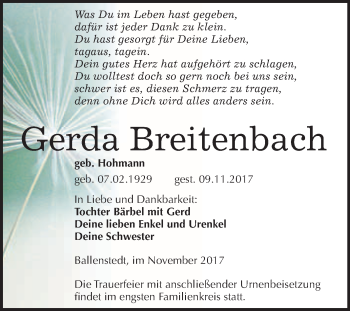 Traueranzeige von Gerda Breitenbach von WVG - Wochenspiegel Quedlinburg
