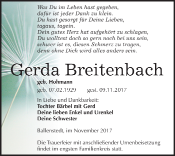Traueranzeige von Gerda Breitenbach von Mitteldeutsche Zeitung Quedlinburg