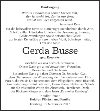 Traueranzeige von Gerda Busse von WVG - Wochenspiegel Wittenberg