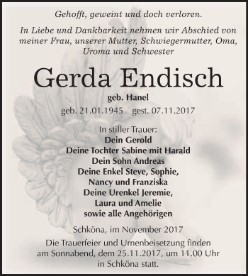 Traueranzeige von Gerda Endfisch von WVG - Wochenspiegel Wittenberg