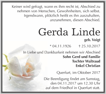 Traueranzeige von Gerda Linde von WVG - Wochenspiegel Merseburg