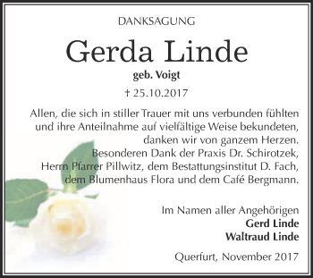 Traueranzeige von Gerda Linde von WVG - Wochenspiegel Merseburg