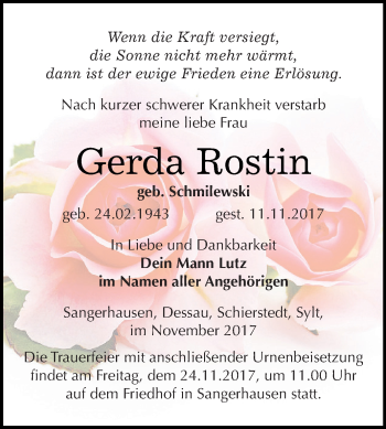 Traueranzeige von Gerda Rostin von Super Sonntag SGH Mansf. Land