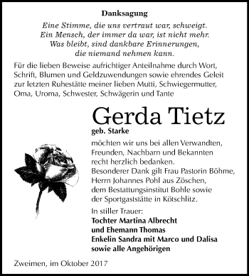 Traueranzeige von Gerda Tietz von Mitteldeutsche Zeitung Merseburg/Querfurt