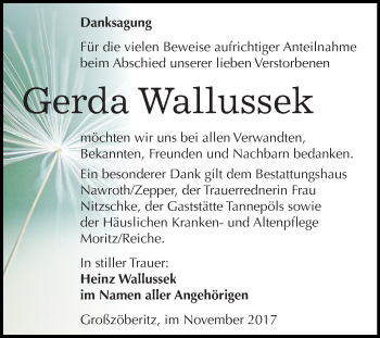 Traueranzeige von Gerda Wallussek von Mitteldeutsche Zeitung Bitterfeld