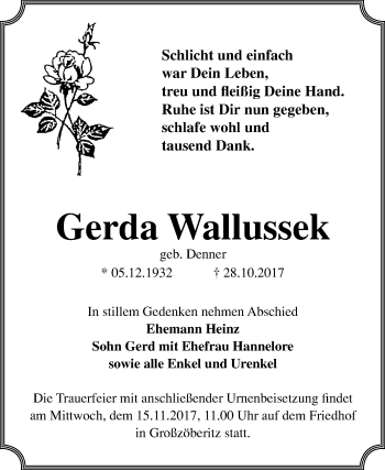 Traueranzeige von Gerda Wallussek von Mitteldeutsche Zeitung Bitterfeld