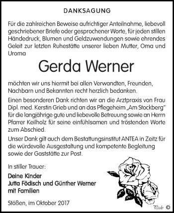 Traueranzeige von Gerda Werner von WVG - Wochenspiegel NMB / WSF / ZTZ
