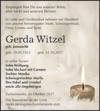 Traueranzeige von Gerda Witzel von WVG - Wochenspiegel Wittenberg