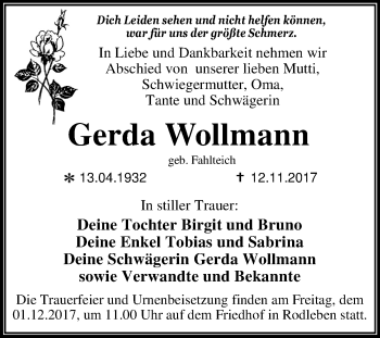 Traueranzeige von Gerda Wollmann von Mitteldeutsche Zeitung Dessau-Roßlau