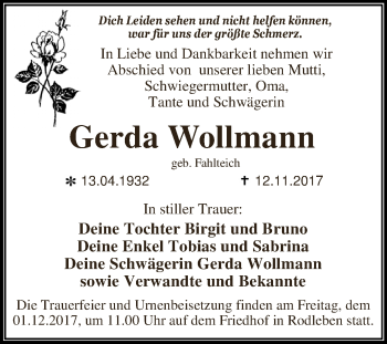 Traueranzeige von Gerda Wollmann von WVG - Wochenspiegel Dessau / Köthen