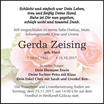 Traueranzeige von Gerda Zeising von Mitteldeutsche Zeitung