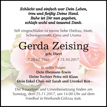 Traueranzeige von Gerda Zeising von WVG - Wochenspiegel Dessau / Köthen