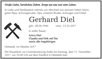 Traueranzeige von Gerhard Diel von Wochenspiegel Mansfelder Land