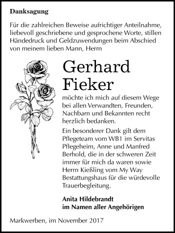 Traueranzeige von Gerhard Fieker von Mitteldeutsche Zeitung Weißenfels