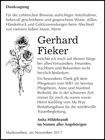 Traueranzeige von Gerhard Fieker von WVG - Wochenspiegel NMB / WSF / ZTZ