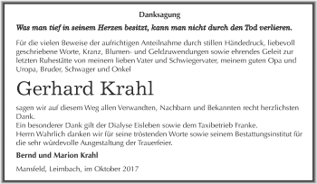 Traueranzeige von Gerhard Krahl von Super Sonntag SGH Mansf. Land