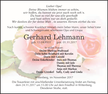 Traueranzeige von Gerhard Lehmann von WVG - Wochenspiegel Wittenberg