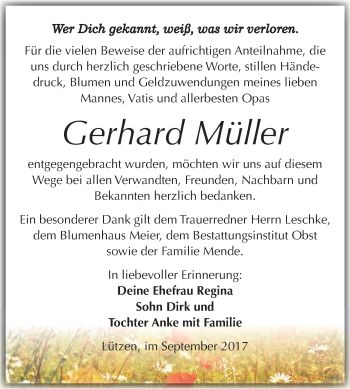 Traueranzeige von Gerhard Müller von Mitteldeutsche Zeitung Weißenfels
