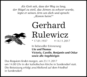 Traueranzeige von Gerhard Rulewicz von Mitteldeutsche Zeitung Bitterfeld