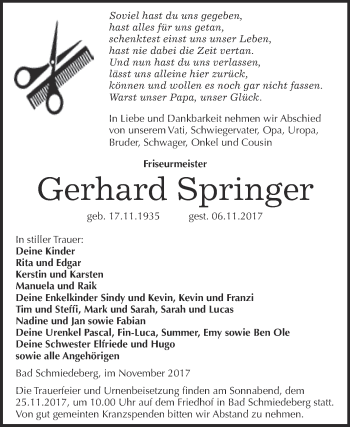 Traueranzeige von Gerhard Springer von WVG - Wochenspiegel Wittenberg