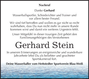 Traueranzeige von Gerhard Stein von Mitteldeutsche Zeitung