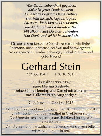 Traueranzeige von Gerhard Stein von Wochenspiegel Mansfelder Land