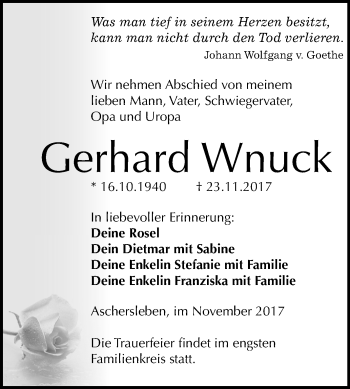 Traueranzeige von Gerhard Wnuck von Mitteldeutsche Zeitung Aschersleben