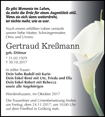 Traueranzeige von Gertraud Kreßmann von Mitteldeutsche Zeitung Köthen