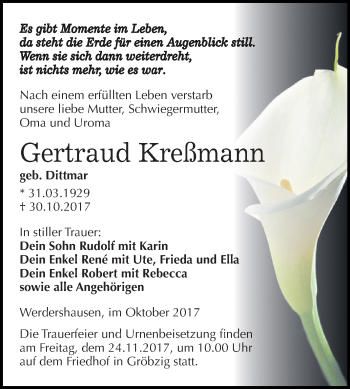 Traueranzeige von Gertraud Kreßmann von WVG - Wochenspiegel Dessau / Köthen