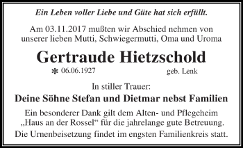 Traueranzeige von Gertraude Hietzschold von WVG - Wochenspiegel Dessau / Köthen