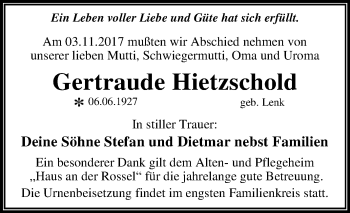 Traueranzeige von Gertraude Hietzschold von Mitteldeutsche Zeitung Dessau-Roßlau