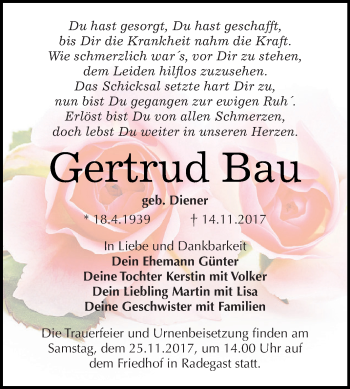 Traueranzeige von Gertrud Bau von WVG - Wochenspiegel Dessau / Köthen
