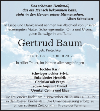Traueranzeige von Gertrud Baum von Mitteldeutsche Zeitung Bernburg