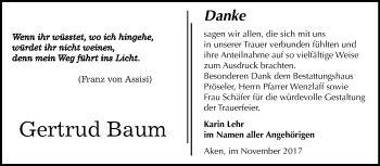 Traueranzeige von Gertrud Baum von Mitteldeutsche Zeitung Bernburg