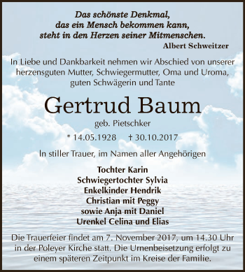 Traueranzeige von Gertrud Baum von Super Sonntag Bernburg