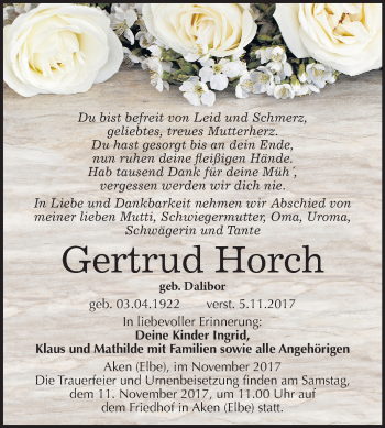 Traueranzeige von Gertrud Horch von Mitteldeutsche Zeitung Köthen