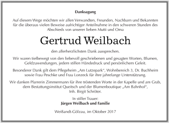 Traueranzeige von Gertrud Weilbach von WVG - Wochenspiegel Dessau / Köthen