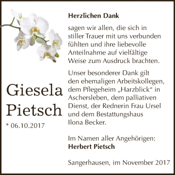 Traueranzeige von Giesela Pietsch von Super Sonntag SGH Mansf. Land