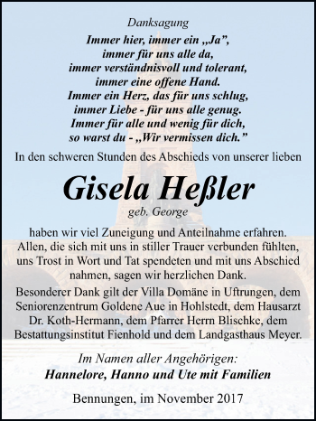 Traueranzeige von Gisela Heßler von Super Sonntag SGH Mansf. Land