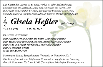 Traueranzeige von Gisela Heßler von Super Sonntag SGH Mansf. Land