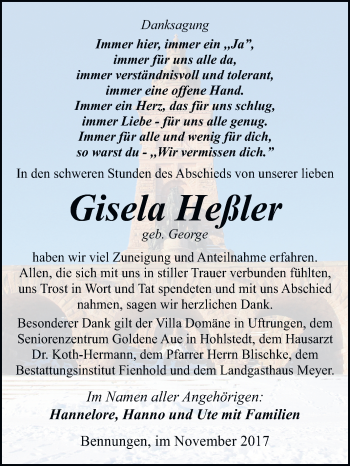 Traueranzeige von Gisela Heßler von Mitteldeutsche Zeitung